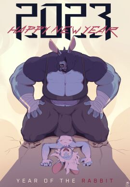 2023 anthro balls balls_outline big_bulge big_eyes bottomwear breasts bulge bun_bash chinese_new_year chinese_zodiac cleavage clothed clothing detailed_bulge duo ears_up english_text futa/male futa_on_male futanari genital_outline hand_wrappings hare hi_res holidays intersex intersex/male kneeling lagomorph leporid looking_at_viewer lying male mammal no_source on_back one_eye_obstructed open_mouth pants peculiart penis penis_outline rabbit ruth_(peculiart) stig_(peculiart) text wrappings year_of_the_rabbit