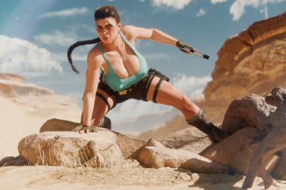 3d big_breasts boots braid breasts brown_hair busty cleavage crop_top desert erect_nipples female female_focus female_only fingerless_gloves hourglass_figure lara_croft lara_croft_(classic) large_breasts long_hair nipple_bulge outdoors outside pinup pinup_pose rhywlad short_shorts sunglasses tagme tinted_eyewear tomb_raider tomb_raider_(classic) wide_hips