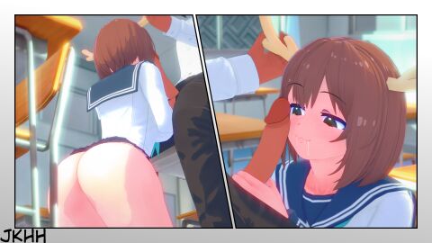 3d :3 antler_grab antlers ass brown_eyes brown_hair butt cock deer_girl dick drooling female jkhh male panels penis penis_on_face shikanoko_noko shikanoko_nokonoko_koshitantan short_hair