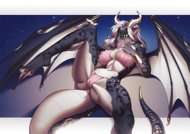 altynshine_dragons anthro armor aura_(aurasentinel) bedroom_eyes blue_eyes bracers breasts claws clothed clothing dragon felid female finger_claws genderfluid genitals gold_(metal) gold_jewelry hair harem_outfit horn hybrid jewelry kouseykai looking_at_viewer mammal membrane_(anatomy) membranous_wings mythological_creature mythological_scalie mythology narrowed_eyes nipples nonbinary_(lore) pantherine reclining_pose scales scalie seductive simple_background snow_leopard solo spots tail translucent translucent_clothing veil vulva wings