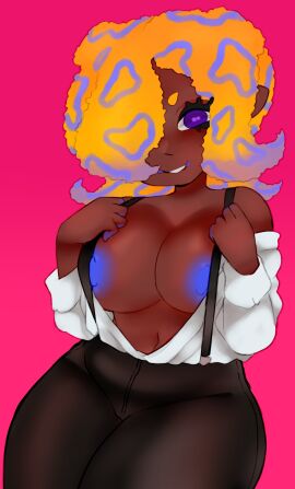1girls big_breasts black_pants breasts female hair_covering_eye large_breasts navel nintendo nipples no_bra octoling octoling_girl open_shirt pink_background purple_eyes simple_background solo solo_female solo_focus splatoon splatoon_(series) suspenders tao_blu_(splatoon) vespbee