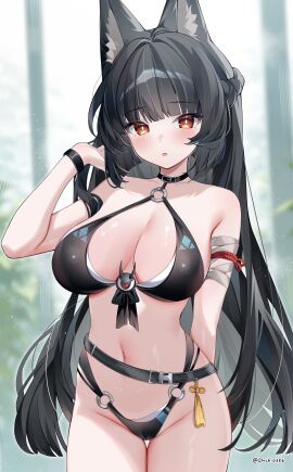 absurdres animal_ear_fluff animal_ears arm_behind_back artist_name bandaged_arm bandages bare_shoulders belt bikini black_belt black_bikini black_hair blunt_bangs blurry blurry_background blush breasts cleavage collarbone duchi0356 female fox_ears fox_girl groin halterneck hand_in_own_hair hand_up highres hoshimi_miyabi large_breasts light_particles long_hair looking_at_viewer navel o-ring o-ring_bikini open_mouth orange_eyes plant solo standing stomach swimsuit tailless_(zenless_zone_zero) tassel thighs very_long_hair window wristband zenless_zone_zero