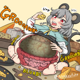 asaboufuku belly_bulge belly_expansion belly_stuffing bloated bloated_belly bloated_stomach bloated_tummy burp burping cheese fat female nazrin obese stuffed_belly touhou weight_gain what x-ray