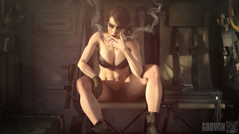 1girls 3d abs annoyed bikini boots bra brown_hair calves cigarette cleavage clothed female female_focus female_only fit fit_female gloves godwin gun helicopter knees kojima_productions konami light_skin looking_at_viewer metal_gear_solid metal_gear_solid_v neroxliv panties ponytail quiet_(metal_gear) sfw sitting smoking smoking_cigarette tagme