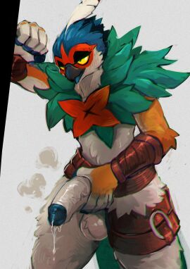 absurd_res anthro avian balls beak bird blush bodily_fluids decidueye digital_drawing_(artwork) digital_media_(artwork) erection fur generation_7_pokemon genital_fluids genitals glans half-closed_eyes hi_res holding_penis male masturbation narrowed_eyes nintendo owl penis plive pokemon pokemon_(species) precum solo