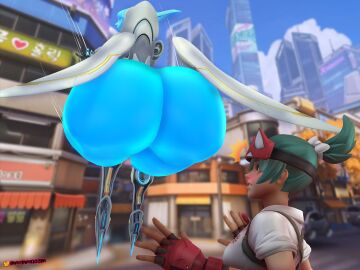 2girls 3d 3d_(artwork) ass ass_bigger_than_head bottomless casual casual_nudity echo_(overwatch) female female_only huge_ass hyper_ass kiriko_(overwatch) oakensfm overwatch overwatch_2 public public_nudity robot robot_girl teasing topwear_pull woodworksfm