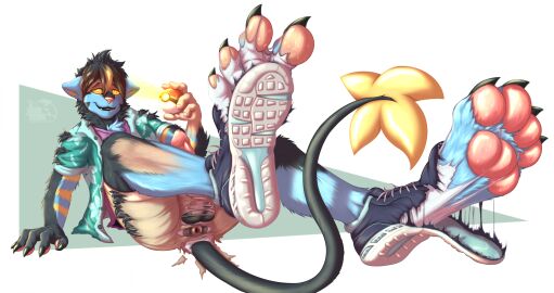 4_toes 5_fingers animal_genitalia animal_penis anthro anus arm_stripes artist_logo artist_name balls big_feet black_body black_claws black_fur black_lips blonde_hair blue_body blue_fur bodily_fluids bottomwear claw_growth claws clothing collared_shirt dazed destroyed_clothing digitigrade dress_shirt drooling erection extremety_growth eyewear feet feline_genitalia feline_penis finger_claws fingers foot_focus foot_growth footwear fur fur_growth generation_4_pokemon genitals glowing glowing_eyes growth hair hair_to_fur half-closed_eyes hand_on_ground head_tuft hi_res holding_object holding_pokeball human human_to_anthro hypnosis jazzaaro jazzax lips logo looking_at_foot luxray male male_focus mammal mid-transformation mind_control narrowed_eyes neck_tuft nintendo parted_lips pawpads paws penile_spines penis pink_nose pink_pawpads pink_penis pokeball pokemon pokemon_(species) raised_leg reclining rolled_up_sleeves saliva shirt shoe_burst shorts simple_background sitting smile snaggle_tooth socks solo species_transformation spiral_eyes stripes sunglasses sweat tail tail_tuft teeth tight_clothing toe_claws toes topwear torn_bottomwear torn_clothing torn_footwear torn_shirt torn_shoes torn_shorts torn_socks torn_topwear torn_underwear transformation tuft underwear white_background yellow_body yellow_eyes yellow_fur