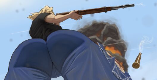 1girls ass big_ass breasts cameltoe clothing explosion fat_ass female female_only fullmetal_alchemist fullmetal_alchemist_brotherhood gluteal_fold gun huge_ass large_ass metalsplinter outdoors pants pussy rifle riza_hawkeye shirt solo solo_female thick_ass thick_thighs viewed_from_below weapon wide_hips