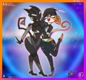 2girls agonywelds angelsagony angry anthro armored_lynx_(fortnite) ass bdsm_outfit blurry_background breasts cat_ears cat_girl cat_suit cat_tail catgirl curvy female fortnite furry glowing_eyes green_panties hand_on_breast kink lynx_(fortnite) meme meow_skulls_(fortnite) robot robot_girl text thick_ass thick_thighs thighs wide_hips