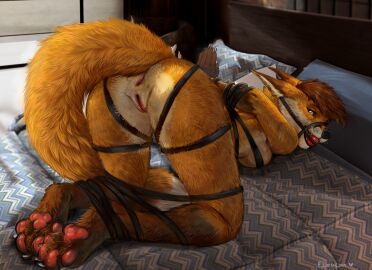 anthro anus ass ass_up ball_gag bed bondage bound breasts brown_hair canid canine claws eleacat feet female femsub fox fur furniture gag gagged genitals hair hi_res looking_at_viewer looking_back looking_back_at_viewer mammal on_bed orange_body orange_fur pawpads paws pussy rear_view restraints rope rope_bondage solo submissive submissive_anthro submissive_female toe_claws