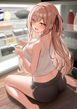 ass barefoot black_ribbon black_shorts blush breasts brown_eyes brown_hair female from_behind hair_ornament hair_ribbon highres holding imouto-chan_(monaka_curl) large_breasts long_hair looking_at_viewer looking_back monaka_curl open_mouth original refrigerator ribbon shirt short_shorts shorts sitting sleeveless sleeveless_shirt smile soles spoon thighs wariza white_shirt wooden_floor