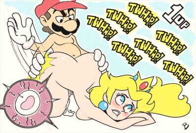 1boy 1girls biting_lip blushing cum_drip doggy_style female fertilization human_on_human impregnation light-skinned_female light-skinned_male light_skin male male/female mario mario_(series) naked naked_female naked_male ovum princess_peach roger_bacon sex spanking sperm_meets_ovum straight