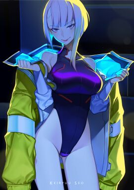 1girls absurdres artist_name bare_shoulders borrowed_clothes breasts cowboy_shot cyberpunk cyberpunk:_edgerunners cyberpunk_(series) english_text eyeliner female heattech_leotard highleg highleg_leotard highres jacket keiryuu_seo leotard looking_at_viewer lucyna_kushinada makeup medium_breasts multicolored_eyes multicolored_hair neon_lights night open_clothes parted_bangs red_eyeliner red_lips short_hair smile solo thighs turtleneck white_hair yellow_jacket