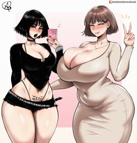 2girls almualim black_hair black_lipstick blush brown_hair choker female female_only goth goth_girl holding_phone kim_sohee_(almualim) light-skinned_female light_skin original original_character peace_sign pubic_tattoo shorts sohee tagme thong twitter_link yuna_(almualim)