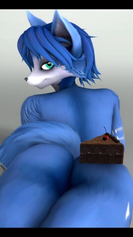 2024 3d absurd_res accessory anthro ass birthday_cake blue_body blue_fur blue_hair blue_tail cake canid canine dessert digital_media_(artwork) female female_anthro fluffy fluffy_tail food fox fur furgonomics gradient_background green_eyes grey_background hair hi_res krystal krystal_(star_fox) looking_at_viewer looking_back lying mammal markings multicolored_body multicolored_ears multicolored_fur nintendo nude on_front seductive sensual silvarus simple_background smile solo star_fox tail tail_accessory tailband tattoo tribal tribal_markings tribal_tattoo warfare_krystal warfare_machine white_background white_body white_fur white_inner_ear white_markings white_tattoo