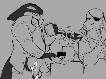 animal_genitalia anthro bar bartender beer_glass belly big_belly big_dom_small_sub bodily_fluids bondage bound cetacean cetacean_genitalia clothed clothing coat cum cum_inside dirtyhorror docks dolphin dominant duo eye_patch eyewear genital_fluids genitals hat headgear headwear human human_on_anthro impregnation inflation interspecies interspecies_pregnancy male male/male male_impregnation mammal marine oceanic_dolphin orca original_characters pantsless pinniped pregnant public public_sex sailor sex ship size_difference smoking toothed_whale topwear vehicle walrus watercraft