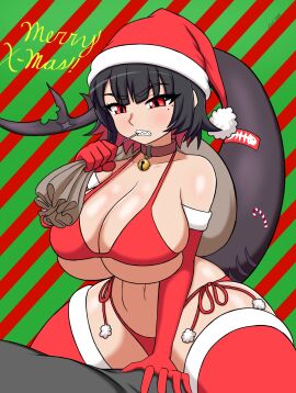 big_breasts bikini black_hair breasts christmas ellen_joe female red_eyes santa_claus santa_costume santa_hat shark_girl shark_tail short_hair soulkibble thick_thighs zenless_zone_zero