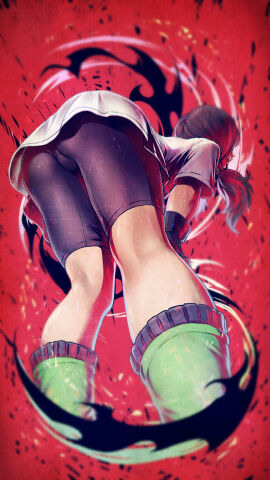 absurdres ass bent_over bike_shorts black_gloves black_hair black_shorts dragon_ball dragon_ball_z female from_behind gloves green_footwear highres kanchiyo pussy pussy_visible_through_clothes pussy_visible_through_spats red_background shirt shoes short_hair short_sleeves shorts solo spats spats_shorts t-shirt twintails videl white_shirt