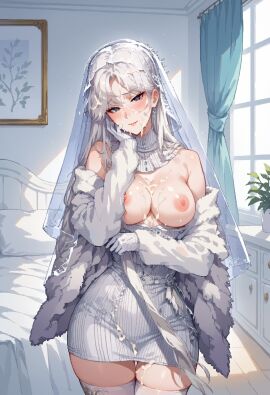 absolute_territory armpit_crease artist_request bedroom breasts cum cum_on_breasts cum_on_face cum_on_hair death_must_die embarrassed female first_porn_of_character goddess light-skinned_female light_skin looking_at_viewer pale-skinned_female pale_skin smile veil white_clothing white_hair winter_(death_must_die)