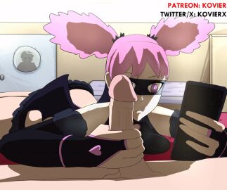 1boy 1girls 2025 2d animated background big_breasts big_penis bored breasts_press costume distracted gloves handjob haneyama_kazuho kovier laying_down laying_on_bed mask patreon patreon_username phone pink_hair pop_step twitter twitter_username vigilante:_my_hero_academia_illegals watermark