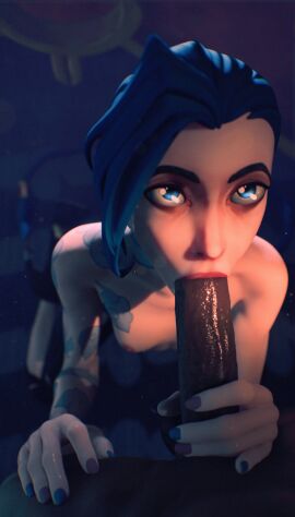 1boy 1girls blowjob blue_hair breasts dark-skinned_male dark_skin face_fucking female female_focus jinx_(arcane) jinx_(league_of_legends) league_of_legends light-skinned_female light_skin male pov puffpuff3d riot_games small_breasts