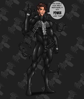 1boy abs absurd_res cock_ring deimon21 erection male male_only marvel marvel_comics muscles muscular muscular_male penis peter_parker smiling_at_viewer speech_bubble spider-man spider-man_(black_suit) symbiote tendrils venom_(marvel)