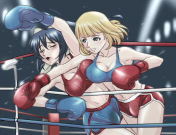 2girls blonde_hair blue_boxing_gloves blue_eyes blue_gloves blue_shorts blue_sports_bra boxing boxing_gloves boxing_ring breasts buruma catfight cleavage closed_eyes curvy duo female female_only fight fighting_ring gloves light-skinned_female light_skin mouth_guard mouthguard multiple_females multiple_girls navy_blue_hair original original_characters pale-skinned_female pale_skin punching red_boxing_gloves red_gloves red_shorts red_sports_bra sports_bra sweat thick_thighs thighs tom-fembox underwear