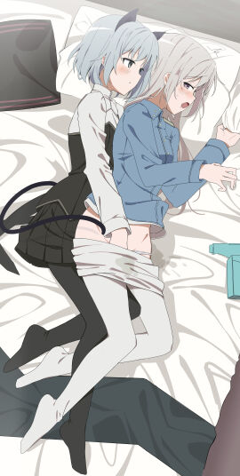 2girls absurdres animal_ears bed blush cat_ears cat_girl cat_tail clothes_pull commentary eila_ilmatar_juutilainen female fingering green_eyes grey_hair highres light_brown_hair long_hair lying military_uniform multiple_females multiple_girls no_shoes on_bed on_side open_mouth panties pantyhose pantyhose_pull purple_eyes pussy pussy_juice_stain sanya_v._litvyak short_hair skirt soha_(sirohase) strike_witches tail underwear world_witches_series yuri