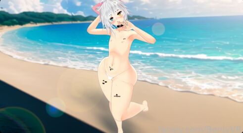 beach benjyvr cat_ears femboy looking_at_viewer male nipples panties vrchat white_hair white_panties
