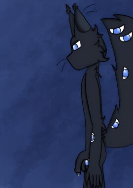 anthro balls black_body black_fur blue_eyes bodily_fluids demon domestic_cat felid feline felis fluffy fluffy_tail fur genital_fluids genitals hi_res humanoid_genitalia humanoid_penis looking_at_genitalia looking_down male mammal multi_eye murasaki_the_fox penis precum presenting shadow_hoshi_(sky_heart) simple_background solo solo_focus standing tail