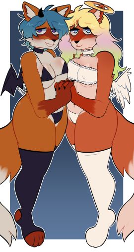 angel_costume blonde_hair cosplay cute danica_hyton demon_costume dyed_hair female fox fox_girl foxes furry furry_only halloween incest oc ocs original red_fur selena_hyton sisters yuri