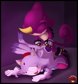 absurd_res ambiguous_penetration anthro areola ass_up blaze_the_cat blush bodily_fluids breasts chameleon clenched_teeth closed_eyes clothing digital_media_(artwork) domestic_cat duo espio_the_chameleon felid feline felis female female_penetrated footwear from_behind_position fur genital_fluids gloves hair handwear hi_res horn ladycherrybomba lizard looking_back male male/female male_penetrating male_penetrating_female mammal nipples one_eye_closed open_mouth penetration purple_body purple_fur reptile scalie sega sex shoes simple_background smile sonic_the_hedgehog_(series) standing standing_sex tail teeth