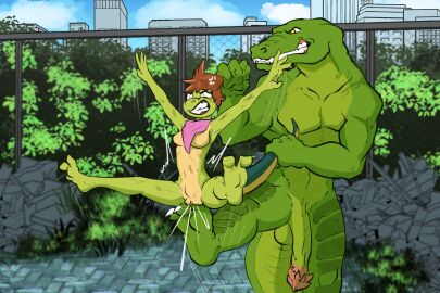 2_toes 3_toes alligator alligatorid amphibian animal_genitalia animal_penis anthro attack balls biceps big_penis breasts brown_hair claws clenched_teeth crocodile crocodilian crotch_attack crotch_kick curling_toes digital_media_(artwork) duo featureless_breasts feet female female_penetrated fight fingers flaccid genital_torture genitals green_body hair hi_res holding_tail kerchief kerchief_only kick leatherhead male male/female male_penetrating male_penetrating_female mona_lisa_(tmnt) mostly_nude muscular muscular_anthro muscular_male neckerchief neckerchief_only neckwear non-mammal_breasts nude on_one_leg outside pain pecs penetration penis plant plantigrade public pulling_hair pussy reptile salamander scales scalie sex soles spread_legs spreading standing tail teenage_mutant_ninja_turtles teeth toe_claws toe_in_pussy toe_insertion toes touching_hair vaginal_penetration vulva zafara_(artist)