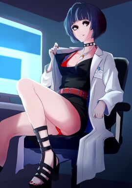 1girls bare_legs belt black_sandals blue_background blue_hair blunt_bangs blysill bra breasts brown_eyes chair cleavage coat collarbone commentary english_commentary eyelashes feet female foot_out_of_frame high_heel_sandals highres jewelry knee_up lab_coat legs long_sleeves looking_at_viewer medium_breasts nail_polish necklace on_chair open_clothes open_coat panties parted_lips persona persona_5 red_belt red_bra red_nails red_panties sandals short_hair sitting solo strappy_heels studded_choker tae_takemi thighs toenail_polish toenails toes underwear white_coat