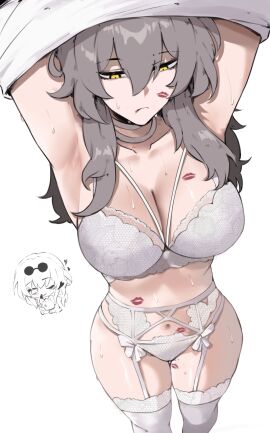 2girls absurdres armpits arms_up bare_shoulders bra breasts female garter_belt grey_hair hair_between_eyes highres honkai:_star_rail honkai_(series) kafka_(honkai:_star_rail) kiss_mark large_breasts lipstick_mark long_hair masoq095 multiple_females multiple_girls navel panties stelle_(honkai:_star_rail) stomach sweat thighhighs trailblazer_(honkai:_star_rail) underwear white_bra white_panties white_thighhighs yellow_eyes yuri
