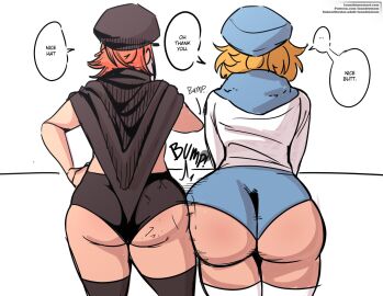 2boys 2femboys ass ass_to_ass big_ass blonde_hair bottom_heavy bottom_heavy_femboy bottom_heavy_male bubble_ass bubble_butt clothing crop_top dialogue fat_ass femboy femboy_focus femboy_only fur_collar fur_trim gift_art girly hand_on_hip hat huge_ass ingram_(laundrymom) jace_(kumaccino) jace_heartwood kumaccino large_ass laundrymom legwear long_sleeves male male_focus male_only orange_hair original rear_view shirt shorts text thick_ass thick_thighs thighhighs voluptuous voluptuous_femboy voluptuous_male wide_hips