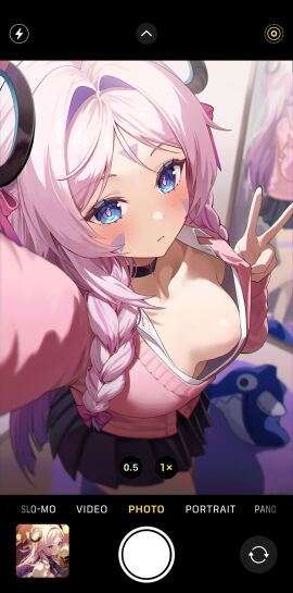 1girls ayoni_623 blue_eyes blush braid breasts choker citlali_(genshin_impact) downblouse female female_only genshin_impact no_bra one_breast_out phone phone_screen pink_hair selfie skirt solo sweater tease teasing teasing_viewer twin_braids