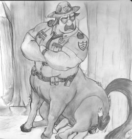 2024 absurd_res against_natural_surface against_surface against_tree anthro arm_hair ass avian bird body_hair butt_smother centaur clothed clothing colt_bronco crossed_arms disney duo equid equid_taur european_mythology eyewear facesitting facial_hair falcon falconid graphite_(artwork) greek_mythology hi_res humanoid_taur male male/male male_only mammal mammal_taur mature_male monochrome moustache muscular muscular_male mythology necktie necronomikun onward_(2020) outside pencil_(artwork) pixar plant police police_hat police_officer police_uniform shaded sitting_on_another smothering sparkx sunglasses tail taur traditional_media_(artwork) tree uniform