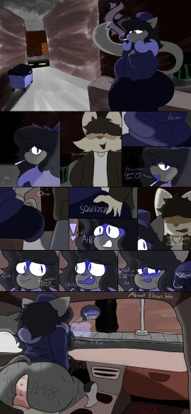 absurd_res alley anal anal_sex anthro ass big_butt blue_eyes blush bodily_fluids brown_hair butt_grab canid canine canis car car_interior car_sex cigarette cigarette_in_mouth clothed clothing comic covered_eyes dialogue digital_media_(artwork) domestic_cat duo english_text erection felid feline felis femboy femboy_penetrated fur genital_fluids genitals grey_body grey_fur grey_hair hair hand_on_butt hi_res huge_butt inside_car inside_vehicle male male/male male_penetrated male_penetrating male_penetrating_male mammal nervous nervous_smile nervous_sweat object_in_mouth open_mouth penetration penile penile_penetration penis riding sex smile smoke smoking sweat sweaty_butt tail text thick_thighs topwear travis_(tspithereal) tspithereal vehicle white_body white_fur wide_hips wolf