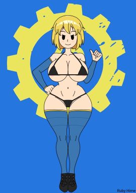 1girls big_breasts bikini black_bikini blue_gloves blue_legwear breasts fallout female gloves legwear mob_face no_artist solid_eyes solo solo_female vault_girl vault_meat