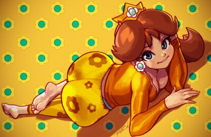 1girls ass ass_focus big_ass big_butt bimbo blue_eyes breasts brown_hair bubble_ass bubble_butt butt_focus female female_only laying_down looking_at_viewer mario_(series) medium_breasts negarobo nintendo princess_daisy robaato simple_background solo upscaled
