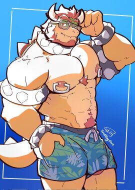 1boy 2024 abs anthro areola armband artist_logo artist_name bara beard beefy biceps big_bulge big_muscles big_penis blue_background blush body_hair bowser bracelet bulge chest_hair claws clothed clothing collar deltoids erection erection_under_clothing eyewear facial_hair gay gay_male genitals glasses hand_in_pocket happy_trail horns huge_muscles humanoid_genitalia humanoid_penis jewelry kemono koopa looking_at_viewer male male_nipples male_only mario_(series) masculine mature_male muscles muscular muscular_anthro muscular_male navel nintendo nipple_piercing nipple_ring nipple_rings nipples non-mammal_nipples ochre_skin orange_hair pecs penis penis_bulge penis_tip piercing pockets poking_out pubes ring_piercing scalie serratus shell simple_background smile solo spiked_armband spiked_bracelet spiked_collar spiked_shell spiked_tail spikes spikes_(anatomy) standing swimming_trunks swimwear tail toastking0210 topless topless_anthro topless_male yaoi