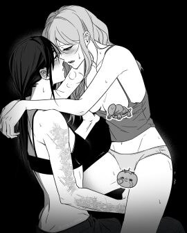 2girls arms_around_neck blush bra breasts breasts_out camisole censored censored_nipples commentary_request female greyscale highres jong_e_yosae korean_commentary long_hair monochrome multiple_girls novelty_censor open_mouth original paid_reward_available panties scar scar_on_arm straddling sweat underwear yuri
