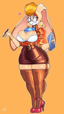 big_breasts breasts cosplay female glasses high_heels hourglass_figure jamoart jewelry legs legwear miniskirt secretary skirt sonic_(series) thick_legs tight_clothing vanilla_the_rabbit wide_hips
