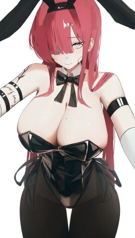 1girls big_breasts black_leotard blush bowtie breasts bunny_ears bunnysuit cleavage detached_collar eyepatch fake_animal_ears female grey_eyes large_breasts leotard limbus_company long_hair looking_at_viewer pantyhose project_moon red_hair smile solo two_strongtiger white_background writing_on_body yuri_(limbus_company)