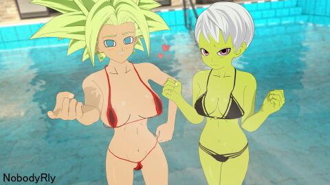 2girls 3d beckoning bikini cheelai dragon_ball dragon_ball_fighterz dragon_ball_super female kefla looking_at_viewer nobodyrly_(artist) posing pov sfm swimsuit tagme