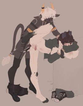 absurd_res anal anal_sex anthro ass big_ears black_hair blush bodily_fluids bottomwear bottomwear_down bovid bovine broken_horn bulge caprine cattle clothed clothing collar crop_top crossdressing dialogue dripping duo erection facial_piercing fangs femboy footwear garter_straps genital_fluids goat hair heart_symbol hi_res horn horn_jewelry jewelry justthewind leg_glider_position legwear long_ears male male/male male_penetrated male_penetrating male_penetrating_male mammal nose_piercing nose_ring pants pants_down partially_clothed penetration penile penile_penetration penis penis_in_ass piercing raised_leg ring_piercing sex shirt shoes short shorts shorts_down skinny spiked_collar spikes standing standing_sex tail tail_tuft teeth text thigh_highs topwear tuft wet wet_clothing white_hair