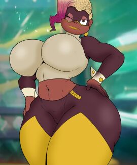 1girls belly_button big_breasts blink breasts brown_body brown_eyes brown_fur brown_hair donkey_kong_(series) donkey_kong_bananza female furry furry_female furry_only glasses haplorhine looking_at_viewer monkey nintendo nintendo_switch_2 one_eye_closed pink_hair poppy_kong primate reference_image screencap screenshot shittyartz simple_coloring simple_shading white_shirt yellow_legwear yellow_lipstick