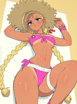 1girls 333_(dqqqdle) beach_towel bikini blonde_hair blue_eyes cammy_white capcom curvy face_scar female laying_on_back light-skinned_female light_skin pink_bikini qewie straw_hat street_fighter sweat swimsuit tanline thin_waist twintails
