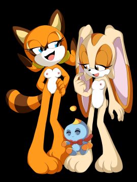 1boy 2girls black_background blue_eyes breasts brown_eyes cheese_the_chao cleft_of_venus completely_nude cream_the_rabbit cub female female_focus furry furry_female j_nsfw male marine_the_raccoon nipples nude open_mouth orange_fur pussy simple_background small_breasts sonic_(series) sonic_team sonic_the_hedgehog_(series) tail yuri